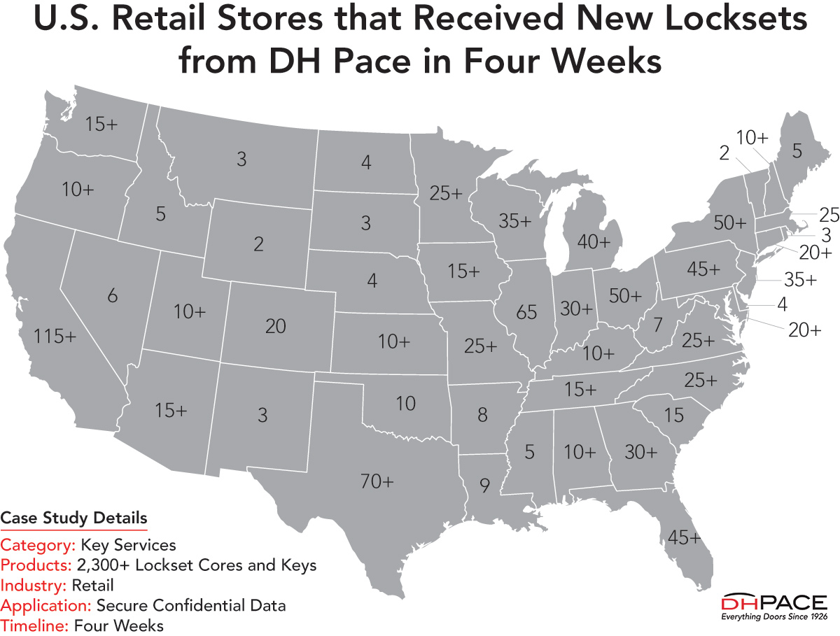 Map of US showing US retail stores that received new lock sets from DH pace in four weeks